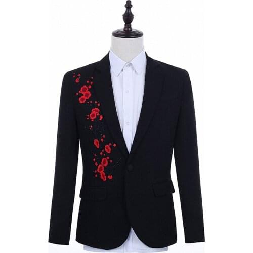 Unique Red Floral Embroidery Pattern Male Business Casual Style Slim Blazer Mens Fashion Wedding Suits Man Presenter Stage Wear