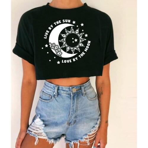 25# Harajuku Sun Moon Print T_shirts Womens Casual Oversized Crop Top O-neck Streetwear Vintage Tee Shirt Рубашка Женская
