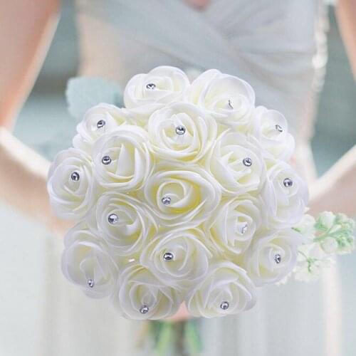 10-30pcs White Green PE Foam Rose Bouqut Artificial Flower with Diamond for Wedding Bouquet Party Home Decoration Fake Flowers