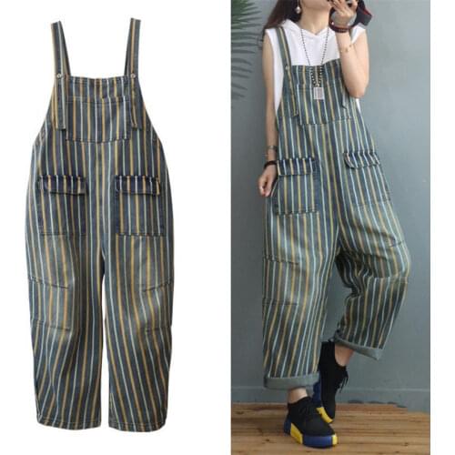 Spring summer Womens stripe printed blue denim bib overalls Suspenders jumpsuits Coveralls Youth jeans