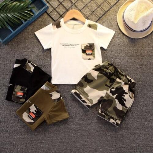 TPAQ-002 Children Summer Clothes Sets Boys Short Sleeve T-Shirt + Camouflage Pants 2pcs/Set Kids Sport Suit
