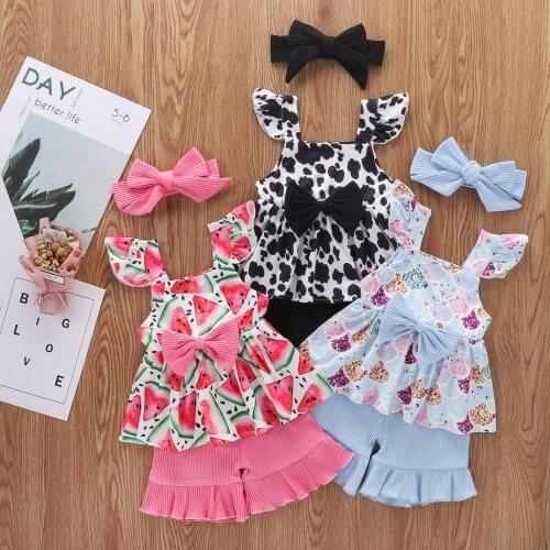 3 Piece Summer Baby Girl’s Clothes Cow Pattern Flower Sleeveless Top and Solid Color Short Pants and Headband 1-5Years