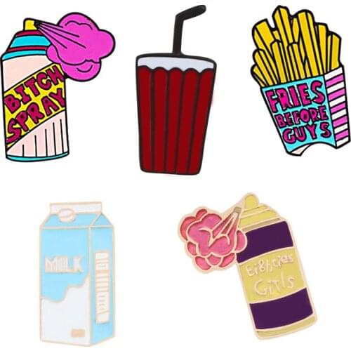 Creative Cola French Fries Milk Brooches Funny Perfume Spray Enamel Pins Cartoon Pink Blue Jackets Lapel Pin Metal Button Badges