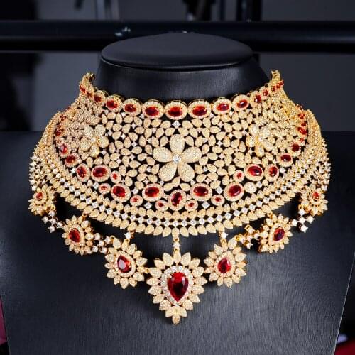 Missvikki Luxury Green Red Big Wide Necklace Bangle Earrings Ring Jewelry Sets For Women Wedding Party Crystal Dubai Bridal Gift