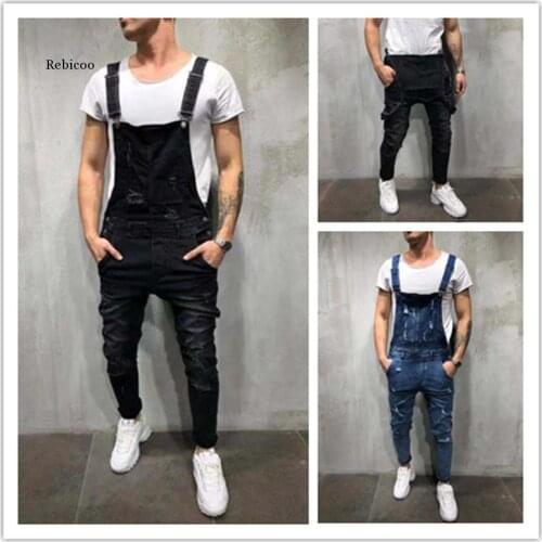 Fashion Mens Ripped Jeans Jumpsuits Hi Street Distressed Denim Bib Overalls for Man Suspender Pants Patchwork Jeans Size S-Xxxl