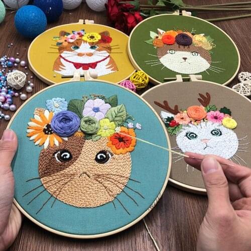 Cute Cat Flower Animal Patterns Embroidery Kit DIY Handcraft Beginner Embroidery Round Cross Stitch Kit Sewing Craft Kit
