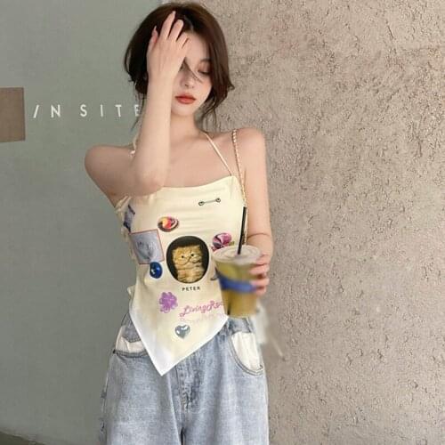 2021 New Womens Summer Irregular Printing Halte Lace Halter Slim Sexy Sweet Style Camisole Tops