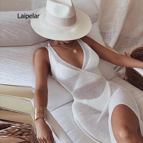 2021 Summer New Fashion V-Neck Open Back Lace Up See Through Hook Flower Beach Suspender Dress