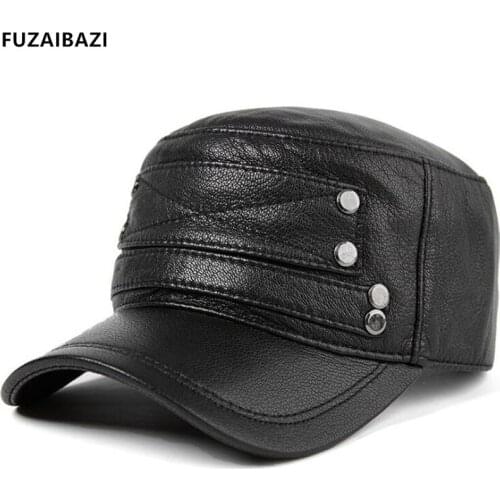 FUZAIBAZI Mens New Genuine Leather Hat Autumn Winter Warm Military Hat Sheepskin Male Flat Cap Adjustable Size Brand Hats