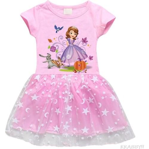 Disney Sofia Girls Clothes 2021 Summer Princess Dresses Short Sleeve Kids Net Yarn Dres Party Children Clothing