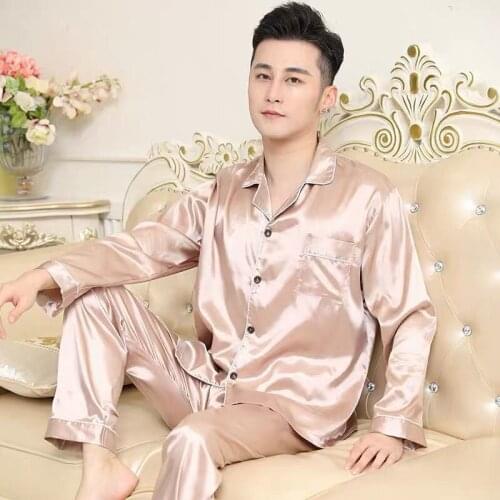 Solid Satin Men Pajamas Set Summer Long Sleeve Autumn Homewear Silk Men Sleepwear Suit Casual Two-Piece Pyjamas Male L-XXXL