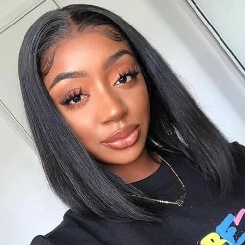 HALO 8-16 Inches 13X1 T Part Lace Wigs Natural Color Straight Short Bob Hair Wig Pre-Plucked 150 Density Remy Human Hair Wigs