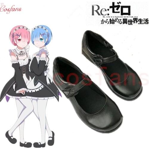 Re:Zero kara Hajimeru Isekai Seikatsu Ram Rem Cosplay Shoes Japanese School JK Shoes Black Leather Flat Low Heel Shoes in stock
