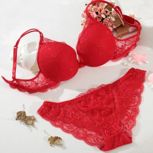 Sexy Lace Red bra and panty set Lingerie Plunge Push Up Underwire Padded bra Underwear Women Intimates Dentelle 6 colors