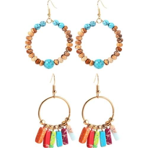 Bohemian Geometric Circular Hollowed-out Handmade Natural Turquoises Earrings Hoop Design Bohemia Style Gold Color