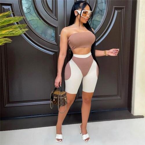 Sexy Patchwork Two Piece Set Tracksuit Women Matching Sets Strapless Crop Top and Shorts Sets Casual Fitness Jogger Sport Suit