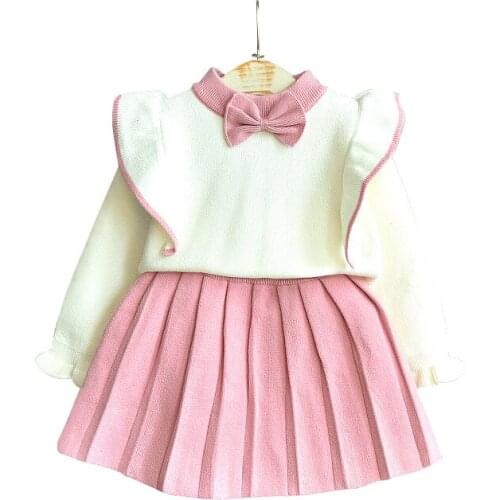 Girls Knitted Sweater Set 2020 Fall Baby Western Style Flying Sleeve Top + Pleated Half Skirt Two-Piece Set 1-6 Yrs Kids Clothes