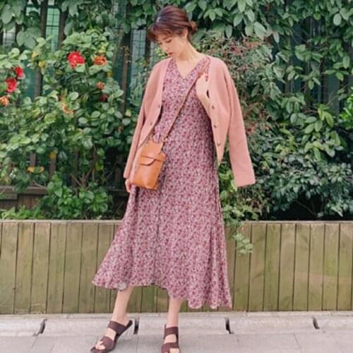 V Neck Single Breasted Midi Dresses Women Vintage Floral Print Slim Waist Belt Vestidos Elegant Chiffon A Line Robe with Camis