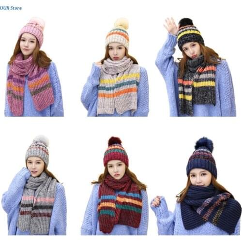 Women Winter Crochet Knit 2Pcs Beanie Hat Long Scarf Shawl Wrap Set Contrast Color Striped Plush Lined Pompom Skull