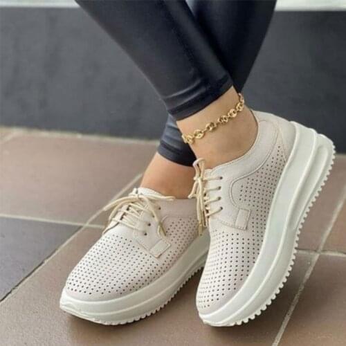 Womens Casual Vulcanized Shoes Platform Hollow Sneakers Breathable Ladies Lace up Thick Heels Solid Female Plus Size 2021