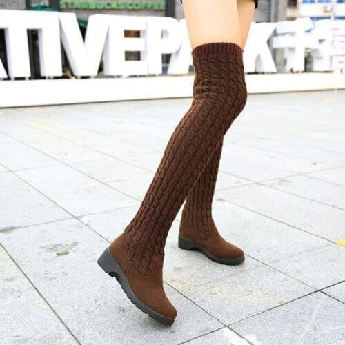 Maogu Womens Boots 2021 Autumn Winter Thigh High Boots for Women Knitting Wool Long Boot Woman Brown Black Ladies Flat Shoes