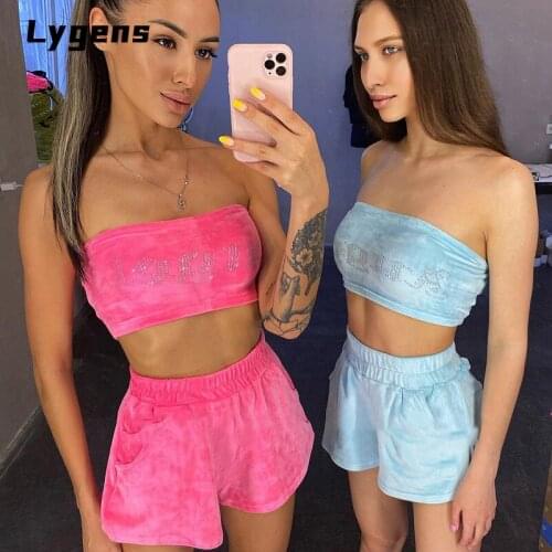 Lygens 2021 Summer Women Corset Top Shorts 2 Pieces Set Rhinestone Letter Pocket Fashion Odycon Sexy Streetwear Party Clothes