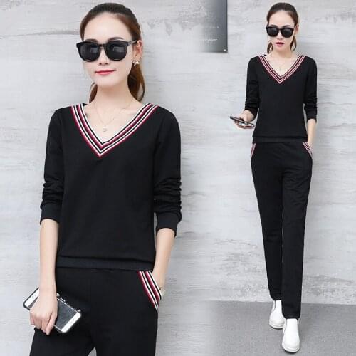 Womens Tracksuit Solid Color Striped V Neck T-shirt And Elastic Waist Trousers Suits Two Piece Set Pockets Pants Slim Tops