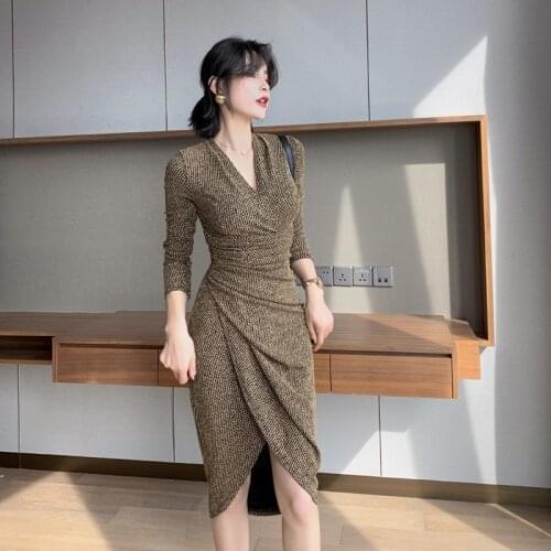 2020 Autumn Sexy Ruched Dress Woman Long Sleeve Corset Split Wrap Dresses Womens Asymmetrical Gold Bodycon Winter Dress Ladies