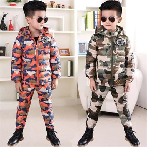 BINIDUCKLING Winter Suit For Boys Down Jacket Clothes Set Camouflage Hooded Thicken Warm Parkas+Pants Set for Kids Children