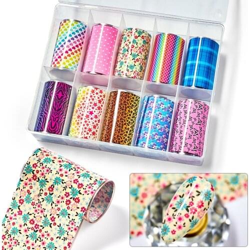10 Rolls Colorful Butterfly Nail Foil Sticker Set Flower Slider Transfer Decals Laser Holo DIY Glitter Paper Nail Art Decoration