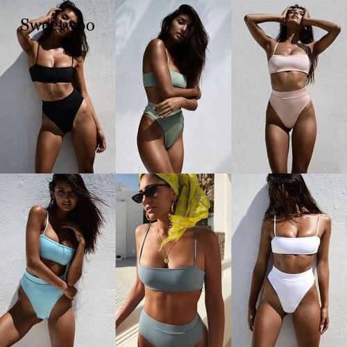 2019 Hot Sexy Bikinis Solid Push Up Bikini 2019 Hot Sale Padded Bra Straps High Waist Swimsuit Swimwear Women Print Biquini XL