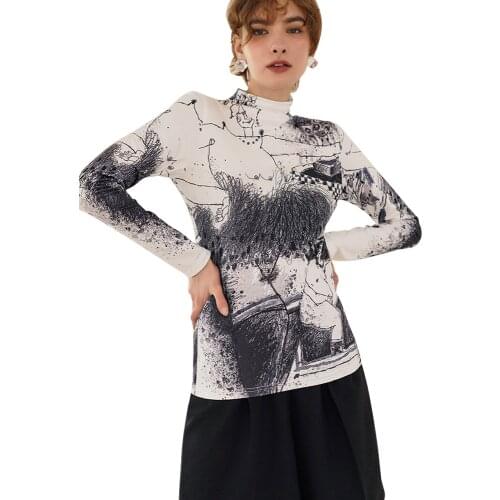 2021 Spring Women Art Illustration Printing Stretch Long Sleeve Turtleneck T-Shirt
