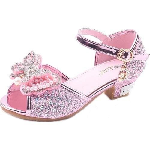 Little Girls Rhinestone Bow High-Heeled Sandals Princess Dancing Summer Pu Leather Shoe Big Girl 3 4 5 6 7 8 9 10 11 12 Year Old
