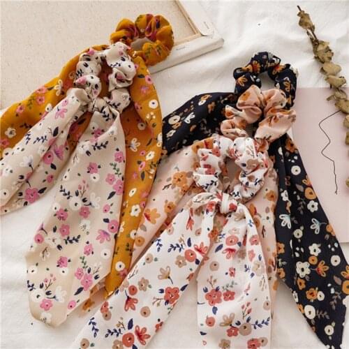 DIY Floral Print Bow Long Ribbon Ponytail Scarf Hair Tie Scrunchies Women Girls Elastic Hair Bands Hair Accessories
