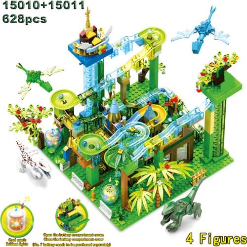 MOC Blocks Toys Jurassic Dinosaur Park Forest Castle Electric Track Building Model Bricks for Girls Boys Marble Race Run Blocks