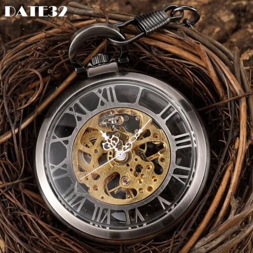 Smooth Face Mechanical Pocket Watch Antique Roman Numerals Hollow Fob Chain Hanging Clock with Gift Box for Men Dropshipping