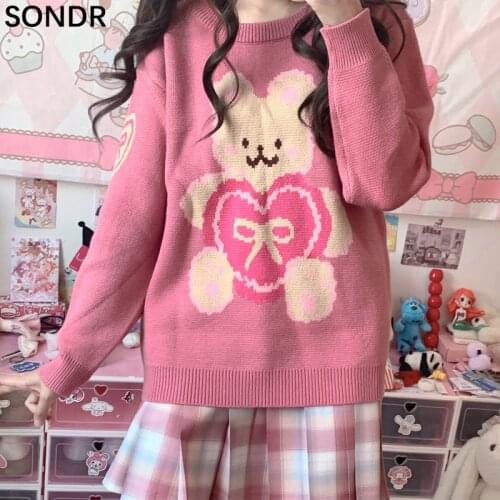 Cute Women Cartoon Print Sweaters Pullover Autumn O-Neck Long Sleeve Loose Sweet Pink Knitted Jumper Female Kawaii Girl Sweaters
