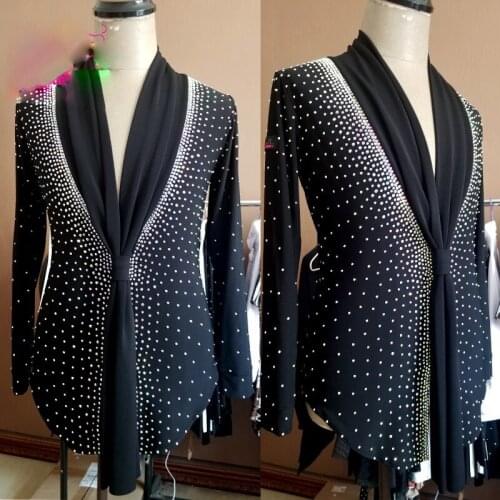 Latin Dance Shirts Men Long Sleeves V Neck Shiny Rhinestones Competition Performance Top Tango Cha Cha Tango Show Wear DNV12162