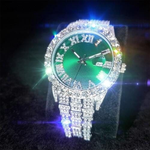 MISSFOX Green Roman dial mens watch Romantic Stainless steel watches man blingling white gold water resistant Quartz watch men