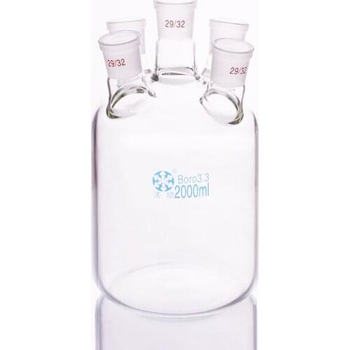 Single-layer cylindrical flat bottom five-necked flask 2000ml,Joint 29/32,Single-layer reactor bottle,Micro oblique neck