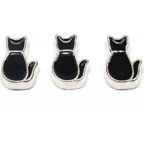 Wholesale 10pcs/lot Metal Silver Plating Enamel Black Cat Floating Charms For Living Glass Floating Lockets DIY Jewelry