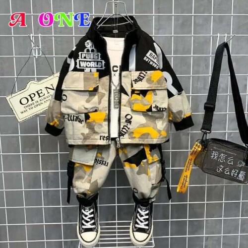 Autumn Spring boys set girls baby denim jacket +pants 2 pcs set kids suit for children ins fashion letter camouflage 2-10 yrs