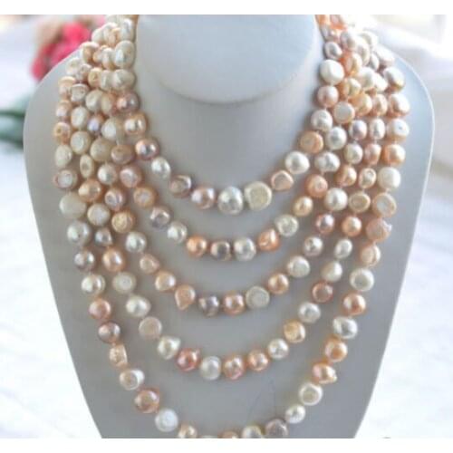 100% Natural 100" 7-8mm white pink Purple baroque freshwater pearl necklace