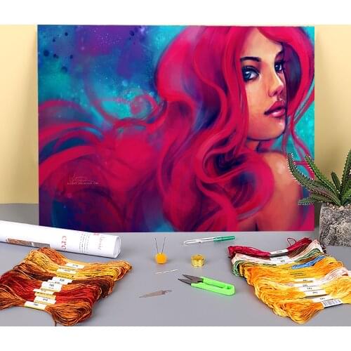 Portrait Daughter Of Triton Printed Fabric 11CT Cross Stitch Set DIY Embroidery DMC Threads Painting Craft Hobby Adults