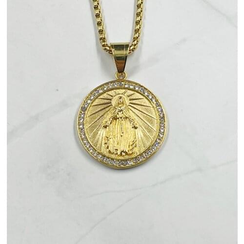 Religious Stainless Steel Virgin Mary Pendant Necklace with rhinestone Christian Prayer Amulet Necklace For Women Christmas Gift