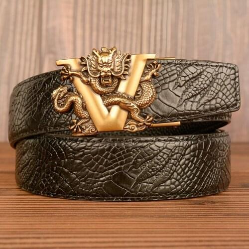 Mens Belt Business V Dragon Pattern Automatic Buckle Genuine Leather Belt Luxury Designer Cowhide Belt Youth Belt for Men