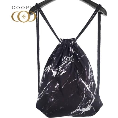 Coofit Unique Marble Printed Drawstring Backpack For Men Women Casual Canvas Black White Drawstring Bag Shoulder Bagpacks 2018