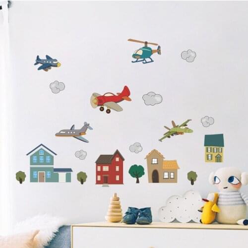 Cartoon Plane Helicopter Wall Stickers Colorful Houses Wallpaper For Kids Bedroom Living Room Creative Removable PVC Wall Mural