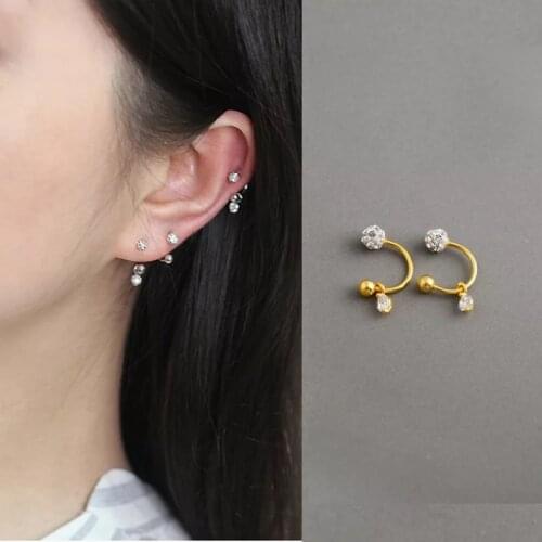 925 Sterling Silver Earring Simple Zircon Half Circle Hook Ear Ring Screw Stud Ear Bone Nail Personality Girl Boy Ear Jewelry