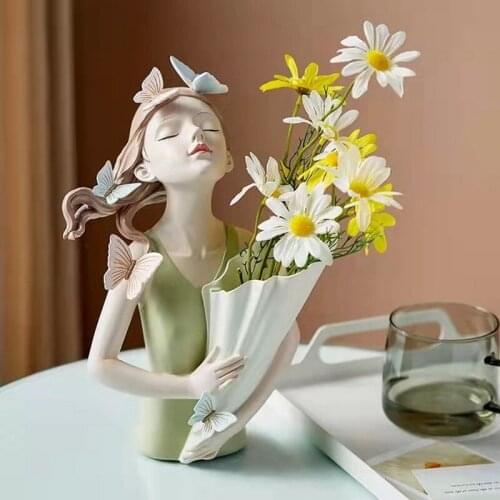 Nordic Resin Figurine Statue with Flower Vase for Home Decoration Aesthetic Living Room Table Ornaments Decor Desk Accessories